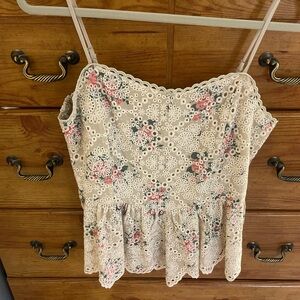 Pink Lily Cream Eyelet Floral Peplum Cami with Pink and Green Accents